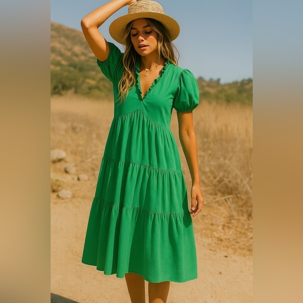 DONNA MORGAN Green Puff Sleeve Boho Midi Dress with Ruffles XS-S